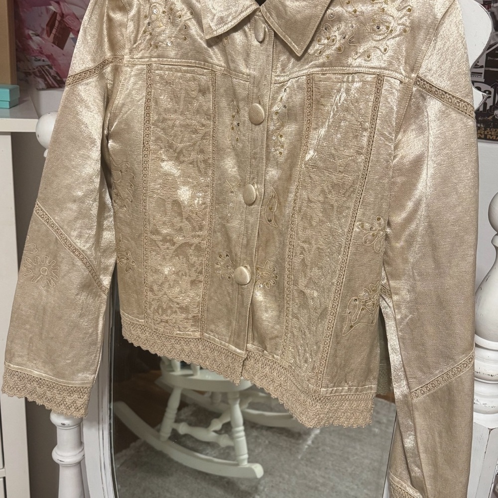 Gold Embroidered Button-Front Blazer Jacket